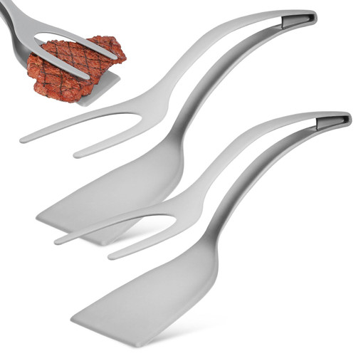 Alipis 2 in 1 Tongs Grip and Flip Spatula - 2pcs Fried Egg Spatula Pancake Flipper Omelette Clamp Fried Fish Spatula Bread Spatula Turners Tongs Cooking Tool, Grey