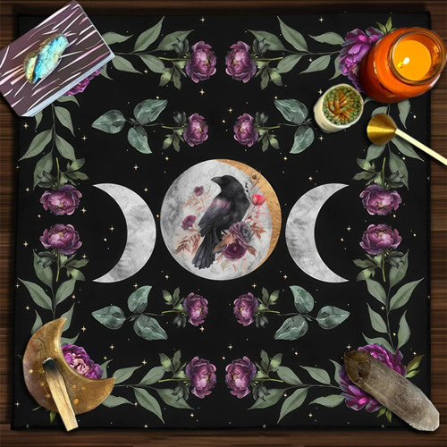 GIRTEXFA Triple Moon Phase Altar Cloth Floral Raven Tarot Tablecloth Astrology Tarot Divination Cards Table Cloth Witchcraft Tapestry Wall Decor