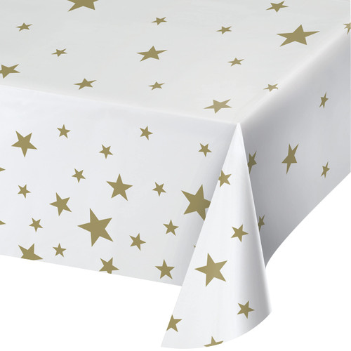 White and Gold Stars Plastic Tablecloth, 1 ct