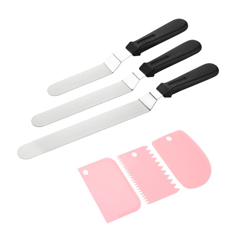 DeBage 6 Pack Set Cake Icing Spatulas and Cake Smoother Scrapers Pink, 6"+8"+10" Stainless Steel Offset Spatula Angled Frosting Spatula Smoother Cake Decorating Tools for Kitchen, Baking