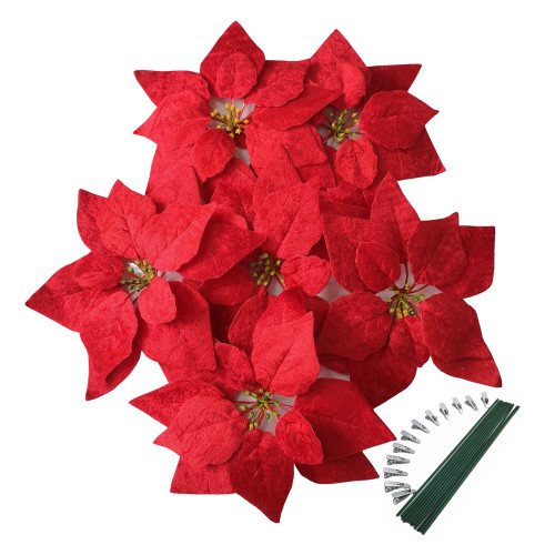 M2cbridge Artificial Christmas Flowers Red Velvet Poinsettia Floral Picks for Christmas Wreath Tree Ornaments(12pcs Flannel)