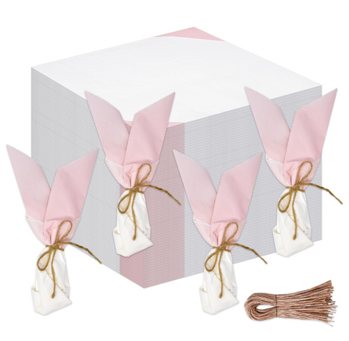 100 Pcs Easter Bunny Napkins with Twine Disposable Luncheon Paper Napkins DIY Origami Easter Pink Bunny Ears Decor Spring Holiday Craft Easter Party Supplies, 6.5 x 6.5 Inch Instructions Included