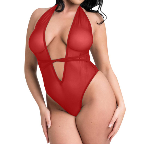 Plus Size Sheer Lace Teddy One Piece Bodysuit Sexy Lingerie for Women Naughty Negligee Plunge Deep V Neck Babydoll Red
