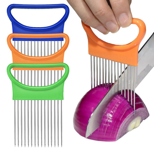 FANTEXY 3Pcs Onion Holder for Slicing, Stainless Steel Onion Cutter for Slicing, Potato Lemon Slicer Tomato Slicers Kitchen Comb for Vegetables, Fruit and Meat