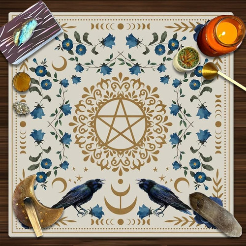 GIRTEXFA Pentagram Altar Cloth Floral and Moon Tarot Tablecloth Astrology Tarot Divination Cards Table Cloth Witchcraft Tapestry Wall Decor