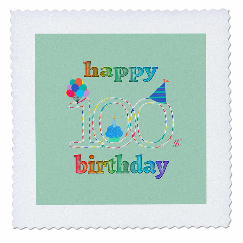 3dRose Happy 100th Birthday, Cupcake with Candle, Balloons, Hat,... - Quilt Squares (qs_350712_2)