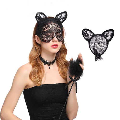 YERTTER Sexy Cat Ear Black Lace Halloween Headband with Veil Mask Headpieces Prom Birthday Party NightClub