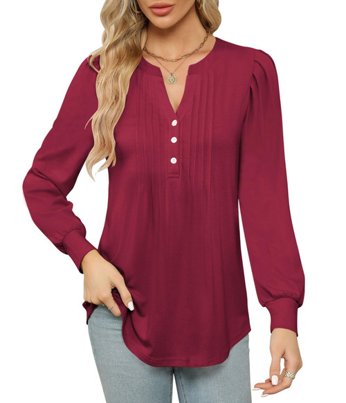 BZB Women's Long Sleeve Tops Dressy V Neck Pleated Button Tunic Tops Blouses Casual Loose Shirts Fashion 2023 Wine Red