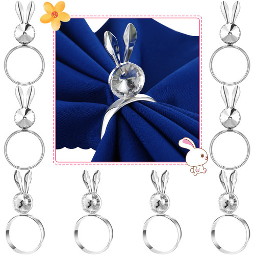 8 Pieces Bunny Napkin Ring Easter Serviette Rings Holder Buckle Easter Napkin Ring Bunny Ear Napkin Rings Metal Alloy Crystal Napkin Ring for Easter Table Decor (Silver, Lovely Style)