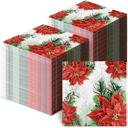 200 Pcs Christmas Paper Napkins Christmas Red Flower Napkins Christmas Cocktail Napkin Christmas Party Supplies Decorative Paper Napkins for Home Party Holiday Dinner(Blooming)