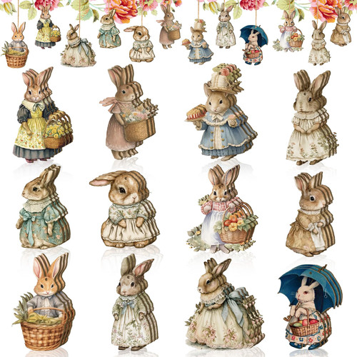 Anglechic 36 Pcs Easter Ornaments Easter Tree Decorations Hanging Bunny Flower Basket Wooden Bunny Ornaments Hanging Decorations Spring Decorative Hanging Ornaments for Home