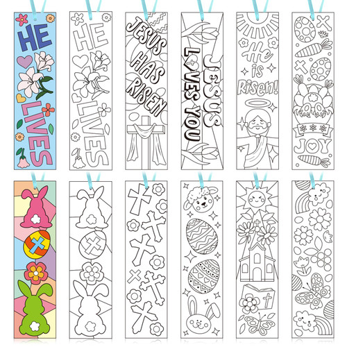 Dunzoom 200 Pcs Religious Easter Bookmarks Color Your Own He is Risen Bookmark DIY Christian Coloring Blank Paper Bookmark for Kids Teacher Easter Party Favor Sunday Church Religious Reward