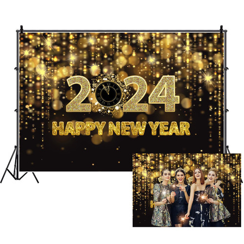 Renaiss 7x5ft Black and Gold Happy New Year Backdrop for Photography Glitter Bokeh The New Year Clock Count 2024 New Year Eve Background Holiday Christmas Party Decor Photo Booth Props
