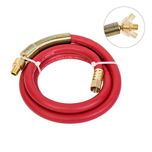 Non-Kinking Rubber Lead-In Air Hose 3/8inch x 6FT 300PSI With 1/4inch Solid Brass Swivel Fittings Red
