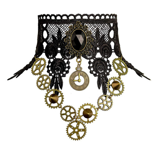Qrettie Choker Necklace for Steampunk Halloween Punk Costume Party Retro Gear Clock Cog Women Gothic Black Lace Necklaces Halloween Lolita Victorian Steam Punk Choker Pendant