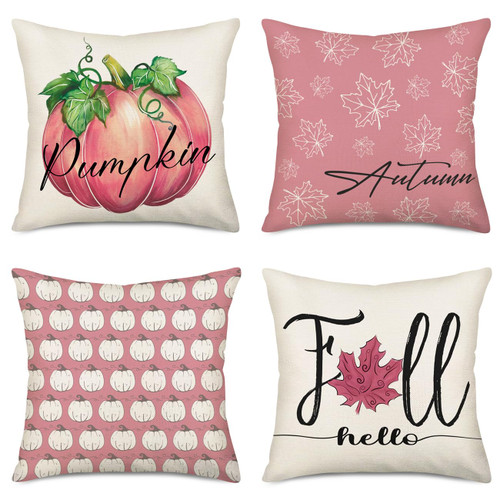 Smilyard Set of 4 Hello Fall Decor Pillow Covers Pink Pumpkin Autumn Maple Leaves Cotton Linen Throw Pillow Cases Square 18x18 Inch Fall Harvest Thanksgiving Farmhouse Decoration Cushion Cover