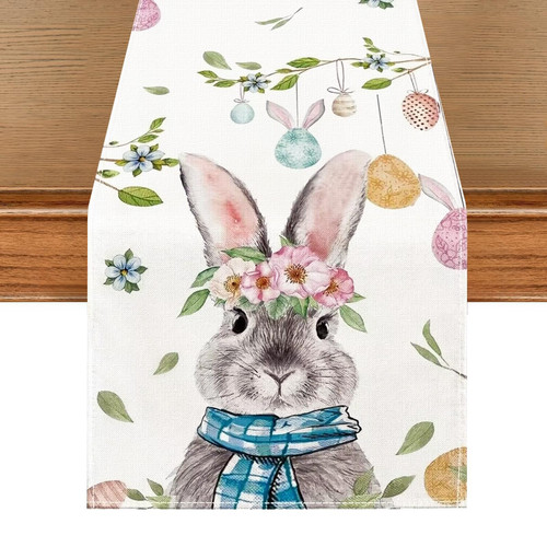 Bunny Happy Easter Table Runner, Linen Easter Flowers Table Runner Seasonal Spring Farmhouse Kitchen Dining Bunny Egg Easter Table Runner Decoration for Home Party Decor Indoor Outdoor 13x72 Inch Bunny Happy Easter Table Runner, Linen Easter Flowers Table Runner Seasonal Spring Farmhouse Kitchen Dining Bunny Egg Easter Table Runner Decoration for Home Party Decor Indoor Outdoor 13x72 Inch