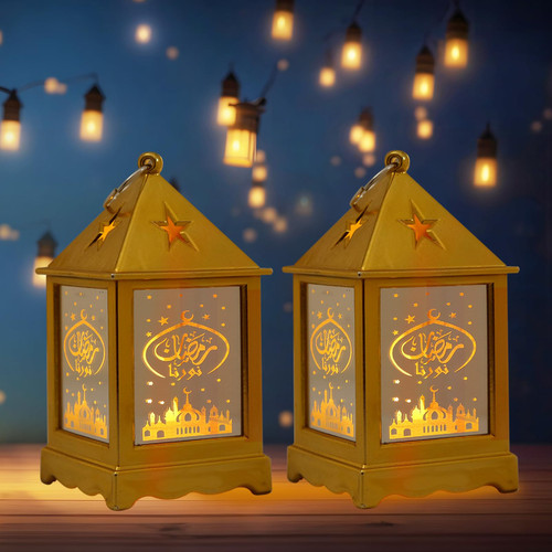 Hying 2 PCS Ramadan Lanterns Decoration LED Eid Mubarak Lamp Ramadan Candle Lamp Holders Muslim Festival Hanging Lanterns Moon Star LED Light Lantern for Kids Ramadan Gift Eid Party Decorations