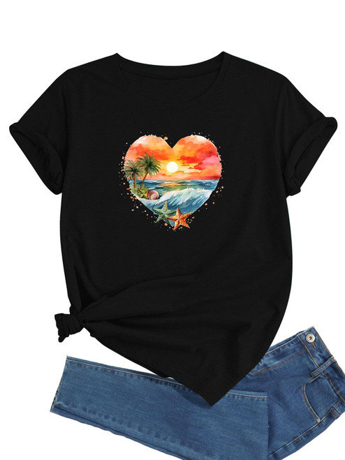 J&DHUASHA Womens Heart Design Beach Sunset T-Shirt Retro Palm Tree Sunset Graphic Short Sleeve Tees Tops Summer Vacation T Shirt(TS01, L)