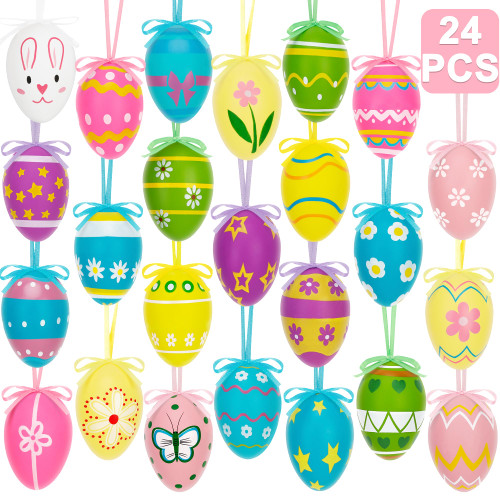 24PCS Easter Tree Ornaments, 24 Kinds Easter Hanging Ornaments Tree Decor, Colorful Rabbit Flower Plastic Basket Stuff Eggs with Tape, Easter Eggs Bulk for Outdoor Indoor Egg Hunting Spring Activity