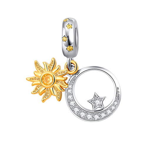 MiWangLing Gold Sunburst Moon Star Dangle Charm Crystal Bead for Pandora Bracelet