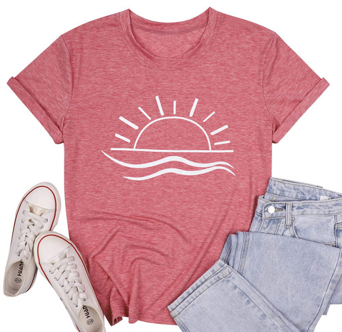 MOUSYA Sunshine T-Shirt Women Summer Beach Graphic Short Sleeve Shirt Spring Vacation Tee Tops (Pink, Small, s)