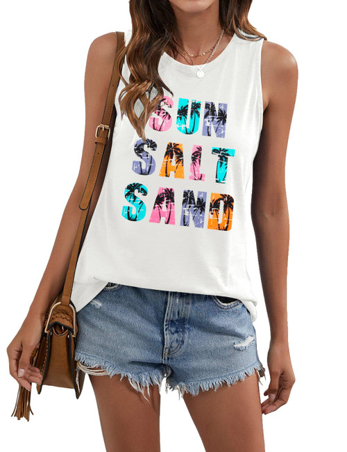 Sun Salt Sand Tank Top Women Vacation Sleeveless T-Shirt Coconut Tree Tanks Graphic Summer Beach Tee Shirts