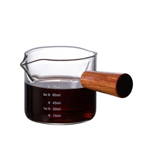 Espresso Measuring Cup, 75ML Double Spouts Espresso Shot Glass, Triple Pitcher Milk Cup With Wood Handle For Milk Coffee Espresso Making, Double Spout (1 Pack)