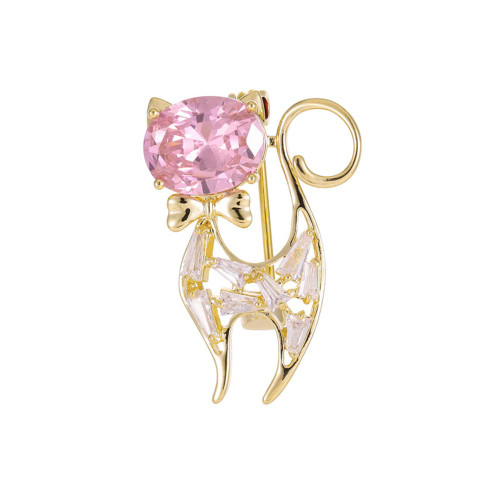 Cute Pink Cat Brooch Pin for Women Girls Gold Plated Fashion Rhinestone Crystal Kitten Animal Brooches Lapel Pins Dainty Dress Accessories Christmas Birthday Jewelry Gifts for Daughter Pet-Lover