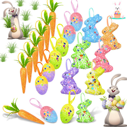 18 Pack Easter Hanging Eggs and Easter Carrot Hanging Ornaments Easter Tree Ornaments Decor for Spring Easter Party Decorations
