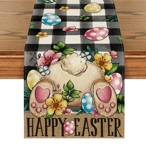 Artoid Mode Buffalo Plaid Bunny Egg Flowers Happy Easter Table Runner, Seasonal Spring Kitchen Dining Table Decor for Home Party Decor 13x48Inch Artoid Mode Buffalo Plaid Bunny Egg Flowers Happy Easter Table Runner, Seasonal Spring Kitchen Dining Table Decor for Home Party Decor 13x48Inch