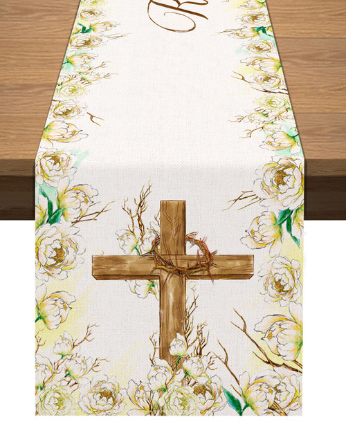 Vohado He is Risen Table Runner Christian Cross Resurrection Easter Decoration Spring Floral Dining Room Home Kitchen Table Decor