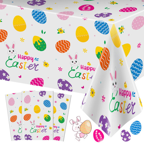 PERFQU 3 Pcs Easter Tablecloth-Happy Easter Bunny Table Cover, Disposable Plastic Rectangle Easter Colorful Eggs Table Cloth for Spring Easter Day Table Decorations and Party Supplies, 54 x 108 Inch