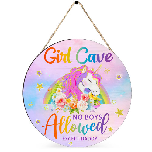 Girl Cave Sign Nursery Decor, Unicorn Room Decor for Baby Girls Bedroom, Wooden Little Baby Girl Nursery Wall Decor, Pink Purple Rainbow Nursery Decor