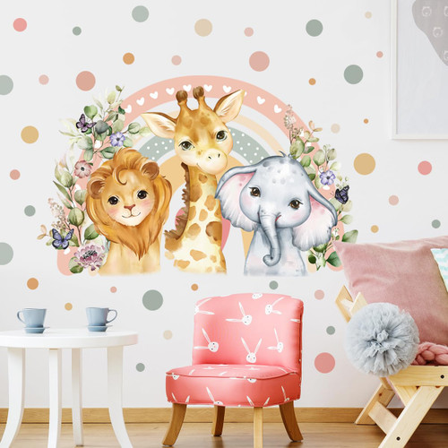 Amaonm Cartoon Animals With Rainbow Wall Decal Removable Boho Dots Plants Leaf Wall Sticker DIY Peel and Stick Lion Giraffe Elephant Wall Decor for Kids Boys Baby Bedroom Nursery Living Room Home