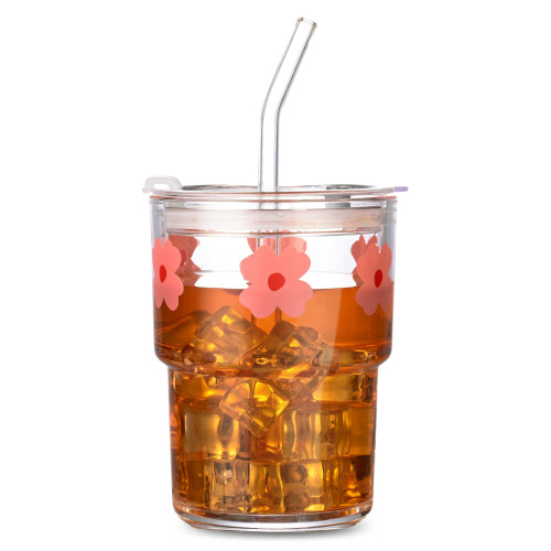 MINGHYZYA 13oz Glass Tumbler with Glass Straw and Lid, Reusable Iced Coffee Cups, Coffee Tumbler, Glass Coffee Mugs, Drinking Glass Cups (Pink Flower)