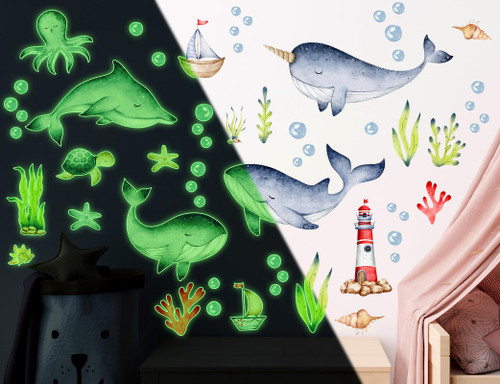Glow in The Dark 3D Under The Sea View Wall Decor Glowing Ocean Animals Wall Sticker DIY Peel and Stick Luminous Sea Turtles Whales Wall Decals for Kids Baby Bedroom Nursery Living Room (Whales)