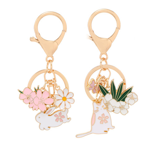 HEYU Cute Keychain for Girls 2PCS Kawaii Aesthetic Accessory Key Chain For Women Cartoon Airpod Backpack Charm Keyring Gifts (Pink Rabbit Cat)