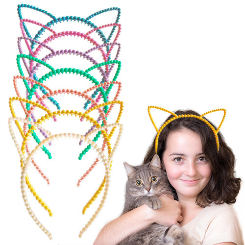 LRbincoo 7PCS Cute Cat Ears Headband for Women Girls, Bright Plastic Pearls Cat Ear Hair Hoops Hair Accessories Headbands for Birthday Party Costume Daily Wearing