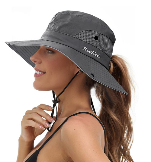 Women's Summer Sun UV Protection Mesh Wide Brim Foldable Beach Fishing Hat with Ponytail Hole Grey