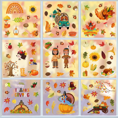 ALIBBON 9 Sheets Fall Window Clings, Thanksgiving Window Stickers for Glass, Turkey Pumpkin Non Adhesive Window Stickers Decals, Autumn Tree Maple Leaves Static Cling for Fall Window Decoration