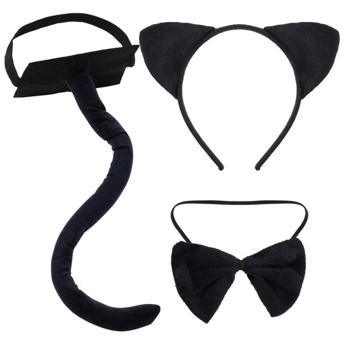 obmwang 3 Pieces Black Cat Costume Cat Ears Headband Bowtie and Tail Set Fancy Animal Cosplay for Kids Adults Halloween Dress Up Party
