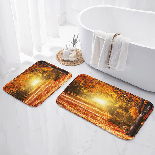 ArtSocket Autumn Leaves Bathroom Rugs and Mats Sets 2 Piece, Orange Maple Tree Leaves Bathroom Rugs Non Slip, Fall Absorbent Microfiber Memory Foam Bath Mat Machine Washable Bathroom Floor Mats