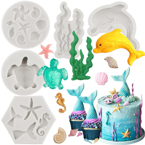 MINFEIDMS Marine Theme Fondant Cake Mold Mermaid Seashell Starfish Conch Coral Seaweed Sea Turtle Dolphin Silicone Mold For Cake Decorating Cupcake Topper Chocolate Candy Gum Paste Set Of 5
