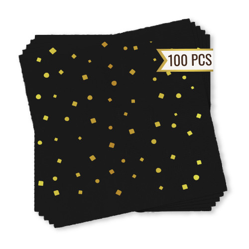 100-Pack Black and Gold Napkins (Confetti Napkins) - 5x5 in Black and Gold Cocktail Napkins - 3 Ply Black and Gold Napkins for Party- Dinner, Wedding Cocktail Napkins Paper - Black Napkins Disposable
