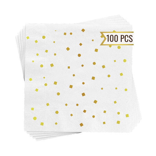 100-Pack White and Gold Napkins (Confetti Napkins) - 5x5 in White and Gold Cocktail Napkins - 3 Ply White and Gold Napkins for Party- Dinner, Wedding Cocktail Napkins Paper - White Napkins Disposable