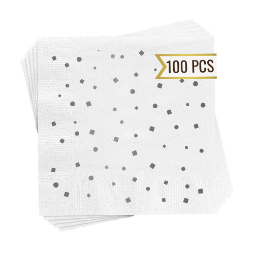 100-Pack White and Silver Cocktail Napkins (Confetti Napkins) - 5x5 inches Cocktail Napkins Paper - 3-Ply Silver Napkins for party & wedding - Wedding Cocktail Napkins - Cocktail Napkins Disposable
