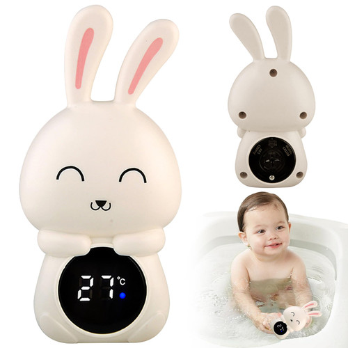 Baby Bath Thermometer Digital Rabbit Shape Waterproof Accurate Bath Thermometer LED Screen Cute Cartoon Sealed Smooth Baby Bathtub Thermometer, White Baby Bath Thermometer