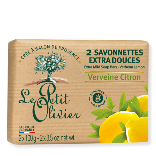 Le Petit Olivier Extra Mild Soap - Verbena Lemon - Gently Cleanses Skin - Delicately Perfumed - Moisturizing And Softening - Vegetable-Based - Eco-Friendly Packaging - Paraben Free - 2 Pc