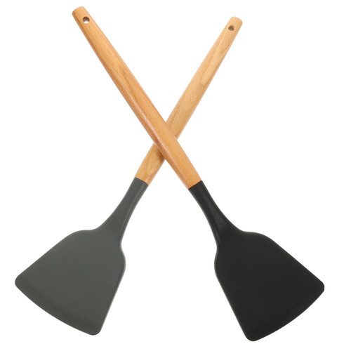 CIYODO 2pcs Wooden Handle Silicone Spatula Non- Stick Cooking Tools Non Stick Kitchen Turners Pan Spatula Wok Spatula Portable Cooker Silicone Spatulas for Cooking Wood Egg Multifunction
